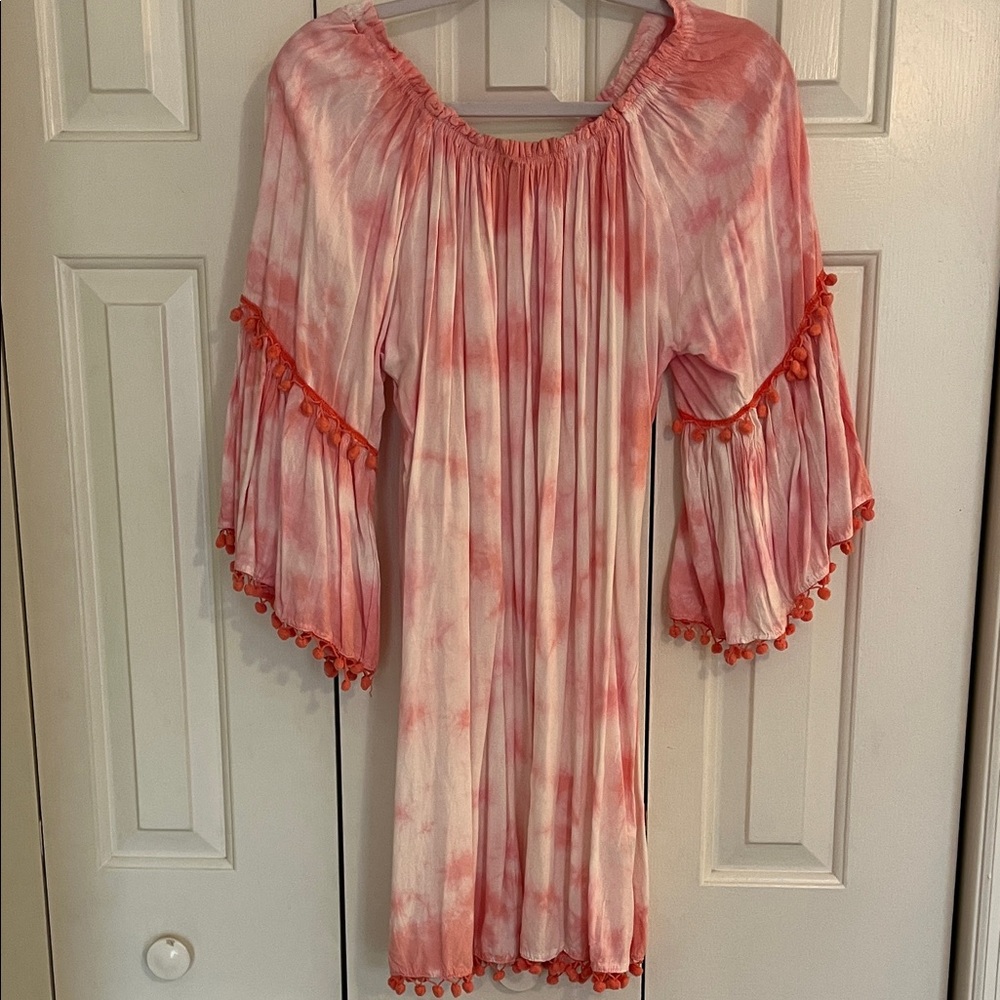 Exist coral pink tie dye dress with Pom Pom trim